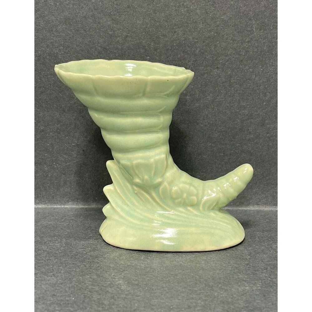 Pottery Cornucopia Vase Or Planter 1920 5 Inch tall 5 Inch wide Mint Green Color